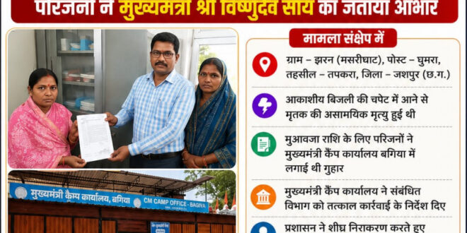 मुख्यमंत्री कैंप कार्यालय बगिया की त्वरित पहल से आकाशीय बिजली से मृतक की पत्नी को मिली 4 लाख रुपये की मुआवजा सहायता….